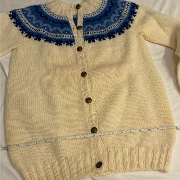 Handknit One of a Kind Handmade Cream + Blue Fair Isle Norwegian Style Cardigan - Picture 16 of 16
